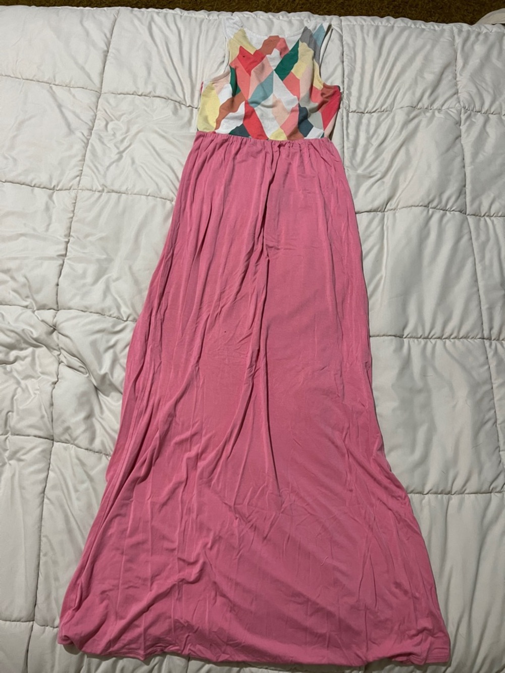 Sleeveless Pink Maxi Dress with Colorblock Diamond Bodice